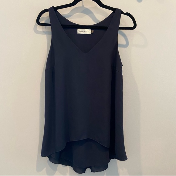 VERONICA M V-Neck Tank Blouse Hi-Low Chiffon Navy Blue XS - Picture 5 of 9